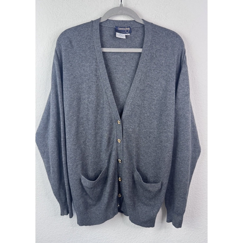 Country Shop 100% Cashmereโ Cardigan Women L Gray Gold Button Front Old Money